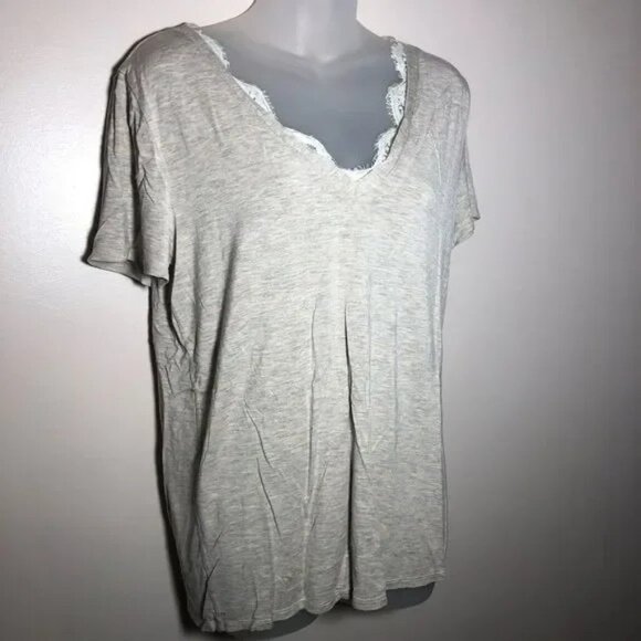 ALYA HEATHERED BEIGE LACE NECKLINE SHORT SLEEVE TOP MEDIUM-EUC - Picture 2 of 3